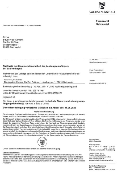 Finanzamt, Salzwedel_Steuerschuldnerschaft gem. § 13 b Abs. 2 Nr. 4 UStG_2023-05-17 - 2026-05-16